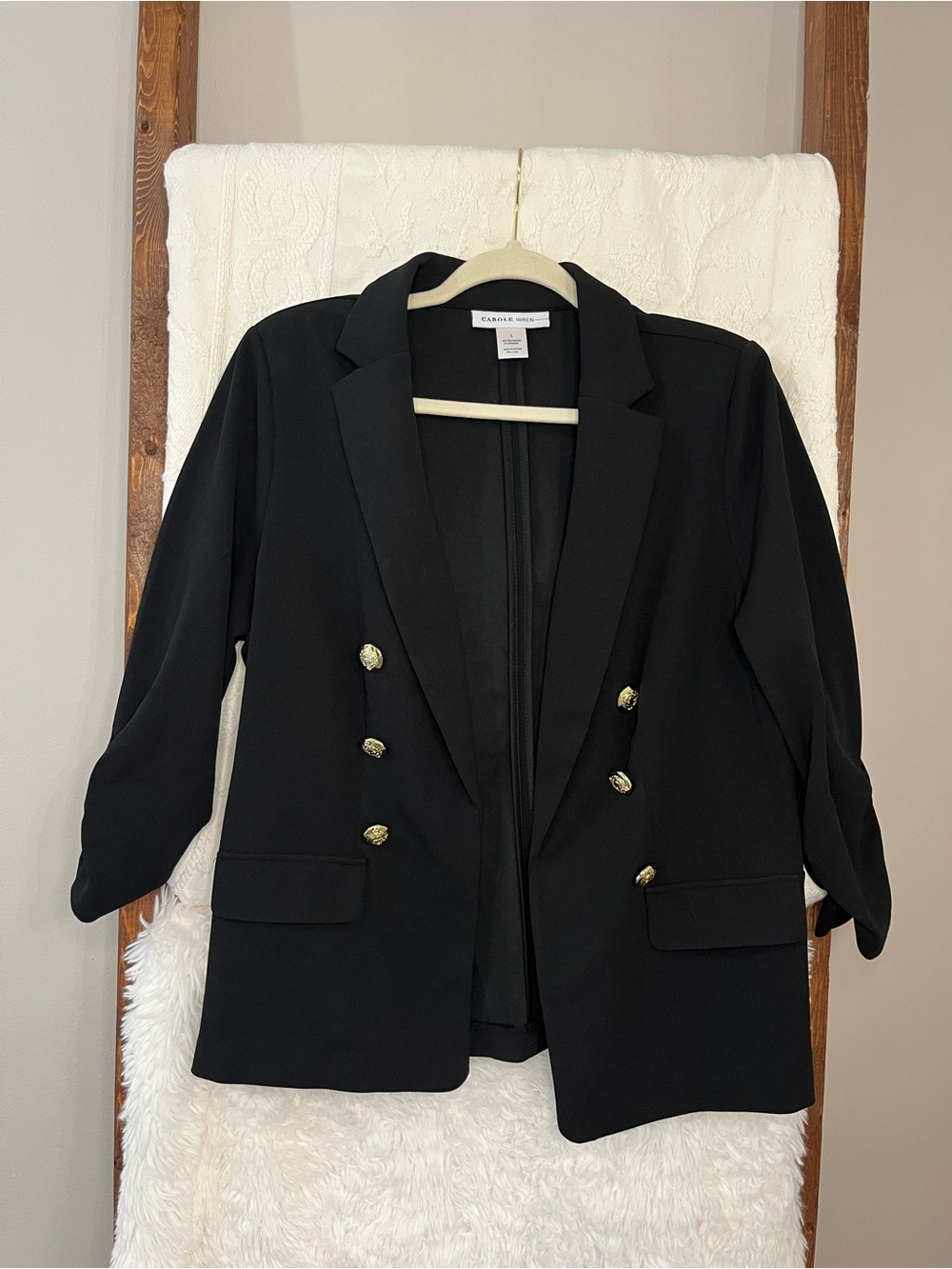 Carole Wren Black Double Breasted Blazer Gold Buttons Knit Jacket Size L